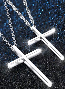 个性简约s925银饰项链百搭情侣吊坠潮男黑色十字架项链女冷淡风