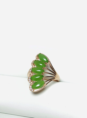 天然正品和田玉碧玉蛋面戒925银玫瑰金色镶嵌