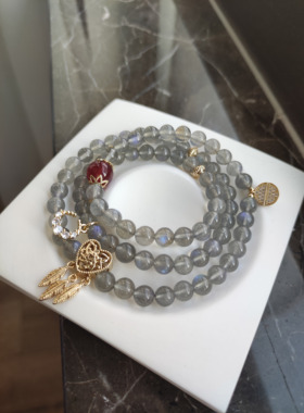 天然冰种灰月光石三圈手链强蓝光鸽血红草莓晶转运小众设计款原创