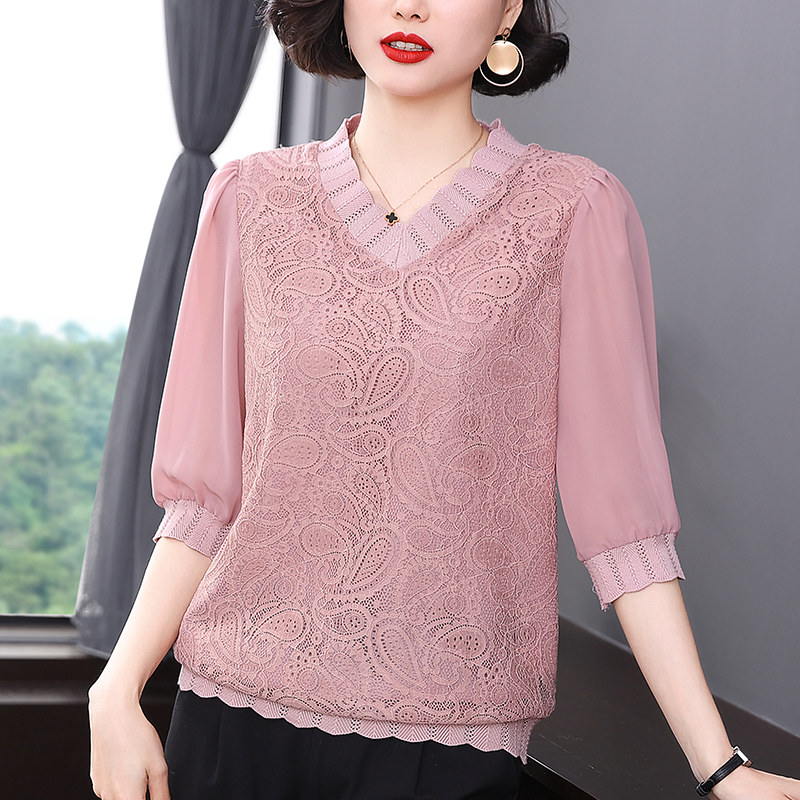 蕾丝2021年新款大码洋气妈妈雪纺衫 给丽尚蕾丝衫/雪纺衫