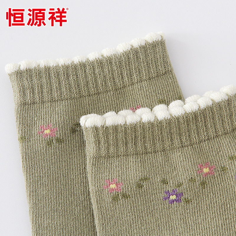 恒源祥袜子女中筒袜潮春秋透气长筒袜薄款可爱小花日系学院风棉袜