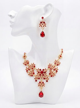 红色满钻水滴项链耳环套装百搭