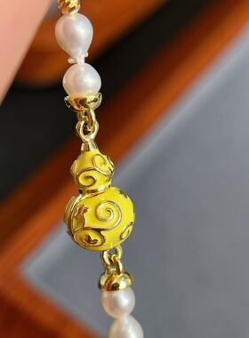 镀真金古法花丝滴釉葫芦珍珠项链丝滑磁吸扣4-5天然淡水珍珠福禄
