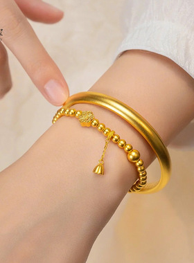 古法沙金999宽面素圈传承泥鳅背手镯女实心无缝镯子送礼结婚首饰