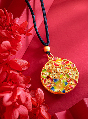 新中式民族风复古珐琅彩蝶恋花吊坠镂空花丝挂坠春季黑绳项链