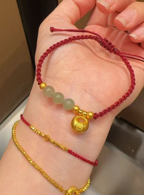 古法金小胖福红绳手链女金坨坨好运珠编织手绳闺蜜生日礼物手饰