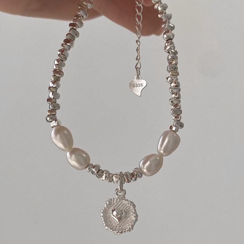 925纯银珍珠手链女ins小众设计高级感闺蜜精致爱心碎银几两手串 - 图0