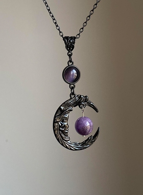 黑色月牙紫色圆珠项链女