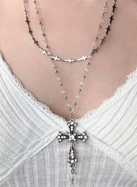 双层叠戴十字架项链女轻奢颈链