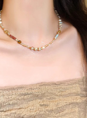 民族风彩色琉璃串珠项链女款