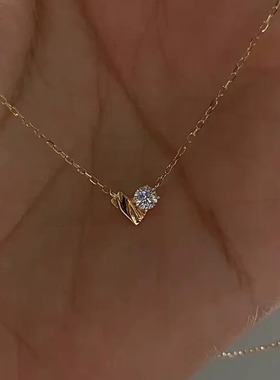 s925纯银金色爱心闪钻项链女款
