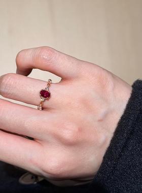 复古爆闪鸽血红椭圆戒指时尚通勤