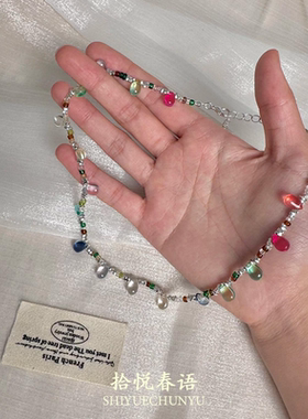 冰透彩色水滴串珠项链女气质颈链