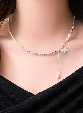 银色仿碎银子珍珠蝴蝶项链女颈链