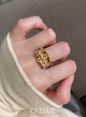 金色宽边褶皱裙戒指女2026新款