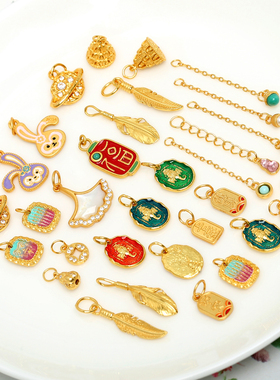 纯银镀金羽毛提溜吊坠DIY配件