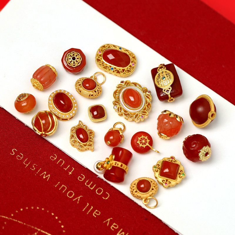 925古法银镀金镶嵌南红玛瑙莲花背云隔珠diy手链手串编绳吊坠配件 - 图3