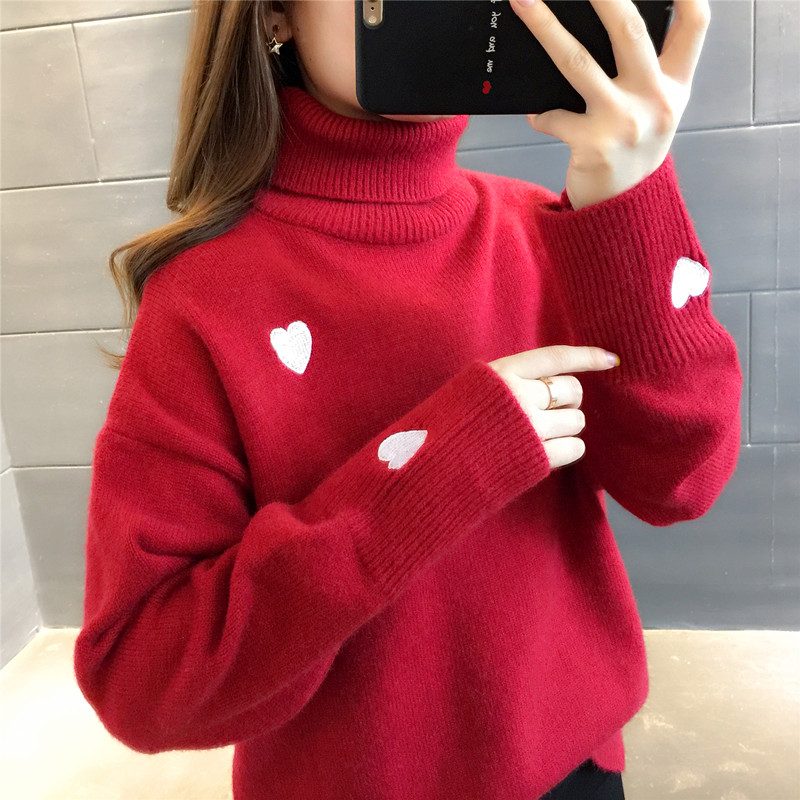 圣诞毛衣女红色套头洋气 新款打底衫女宽松加厚百搭高领针织衫 2020 圣诞毛衣女红色套头洋气 新款打底衫女宽松加厚百搭高领针织衫 2020