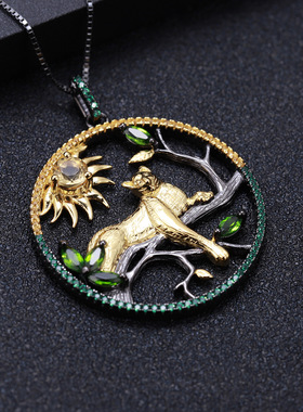 银镀黑金镶黄水晶猎豹圆环项链