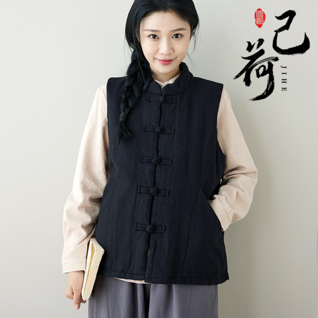 Jihe original Tang suit women's national style high-end quilted vest new style ຈີນດູໃບໄມ້ລົ່ນແລະລະດູຫນາວຮູບແບບໃຫມ່ແຜ່ນ buckle ຫນາ waistcoat jacket-padded ຝ້າຍ
