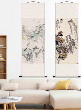 丝绢画朝日红荷复古怀旧中国风植物花卉国画丝绸画无框单幅绢布