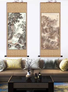 旭日东升迎客松复古中式长流竖幅聚宝盆山水挂画条幅办公室装饰画