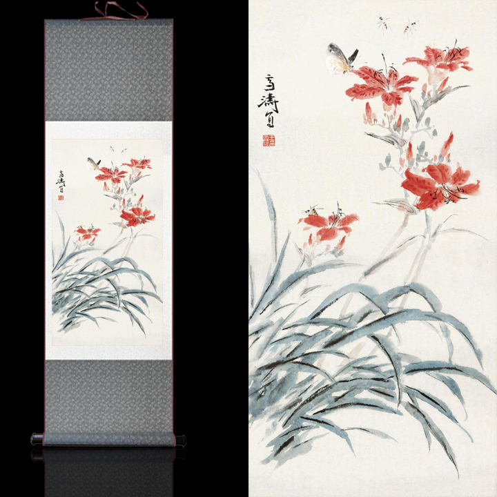 玄关客厅走廊装饰挂画中国画名家兰花卷轴字画四尺竖幅丝绸风水画 玄关客厅走廊装饰挂画中国画名家兰花卷轴字画四尺竖幅丝绸风水画