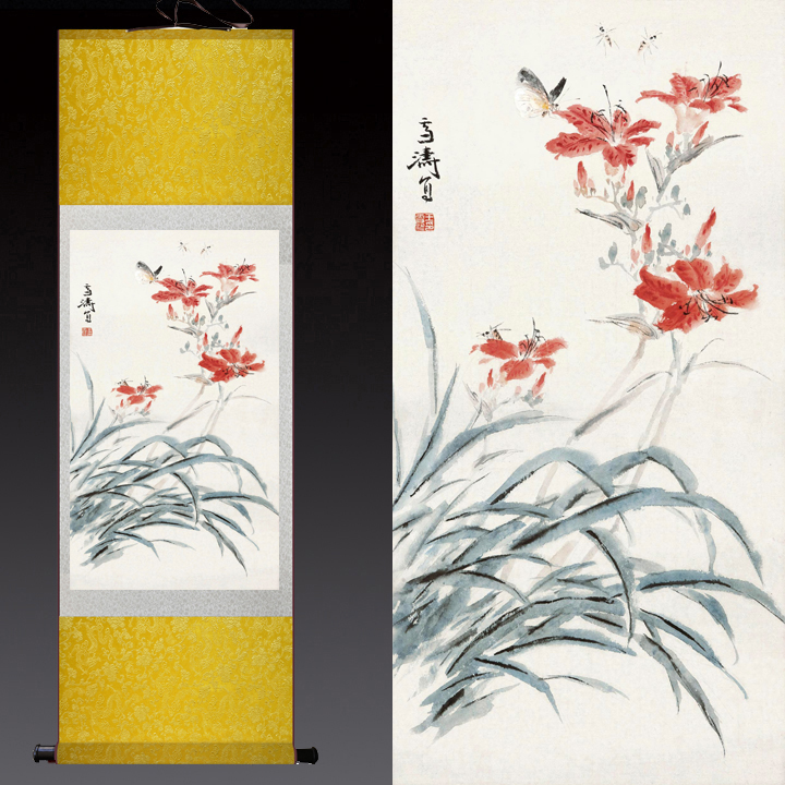 玄关客厅走廊装饰挂画中国画名家兰花卷轴字画四尺竖幅丝绸风水画 玄关客厅走廊装饰挂画中国画名家兰花卷轴字画四尺竖幅丝绸风水画