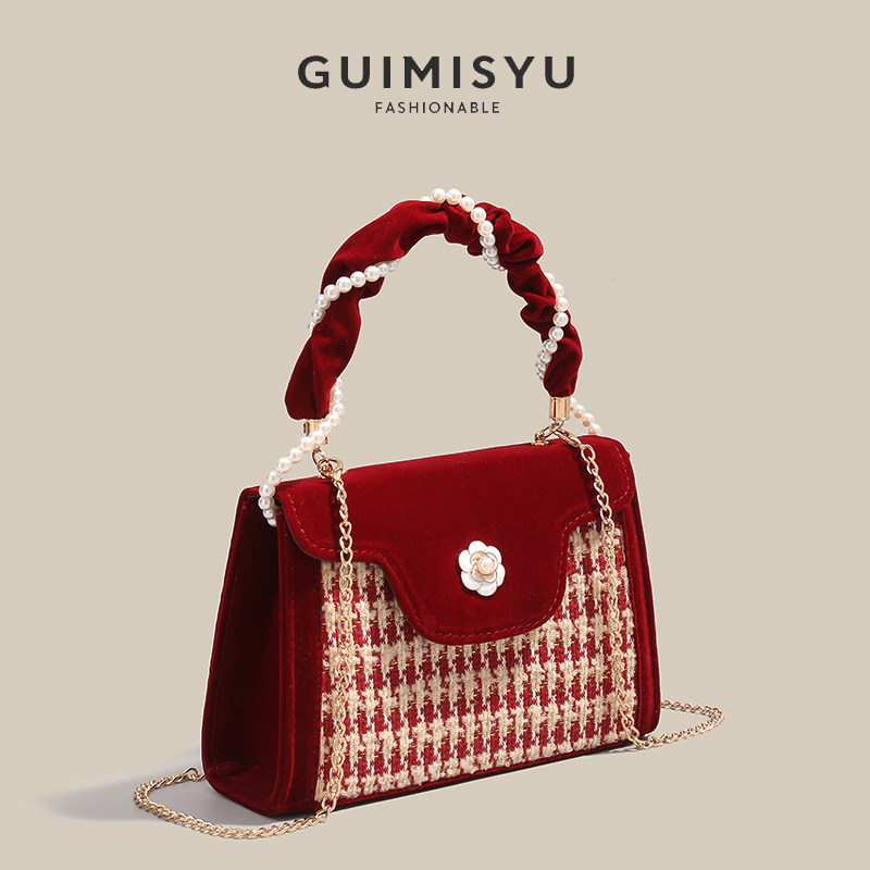 GUIMISIYU红色新娘结婚包2025新款链条婚礼千鸟格之恋手提斜挎包,淘宝优惠券,粉丝福利购,淘宝优惠卷
