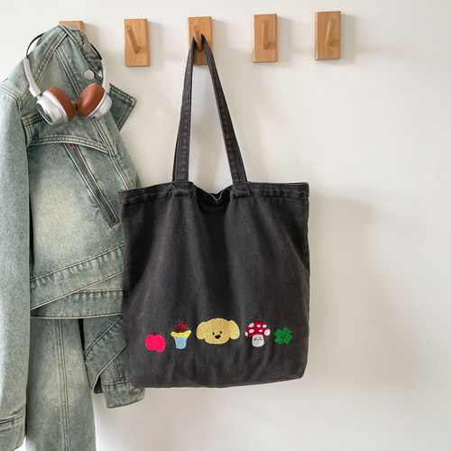ins卡通刺绣托特包包女不掉色水洗牛仔帆布包大容量慵懒风单肩包 - 图2