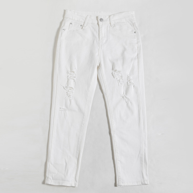 破洞白色宽松百搭萝卜裤夏牛仔裤 自然相伴牛仔裤