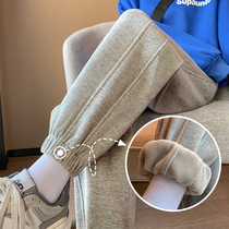 Grey sports pants woman autumn winter 2023 new loose bunches khalaren pants small sub-display slim casual garnter pants