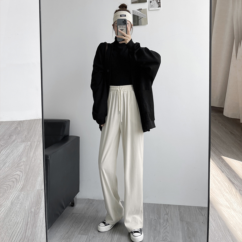 衣梵诗旗舰店灯芯绒阔腿裤女春秋新款高腰宽松直筒裤显瘦百搭白色休闲裤子1