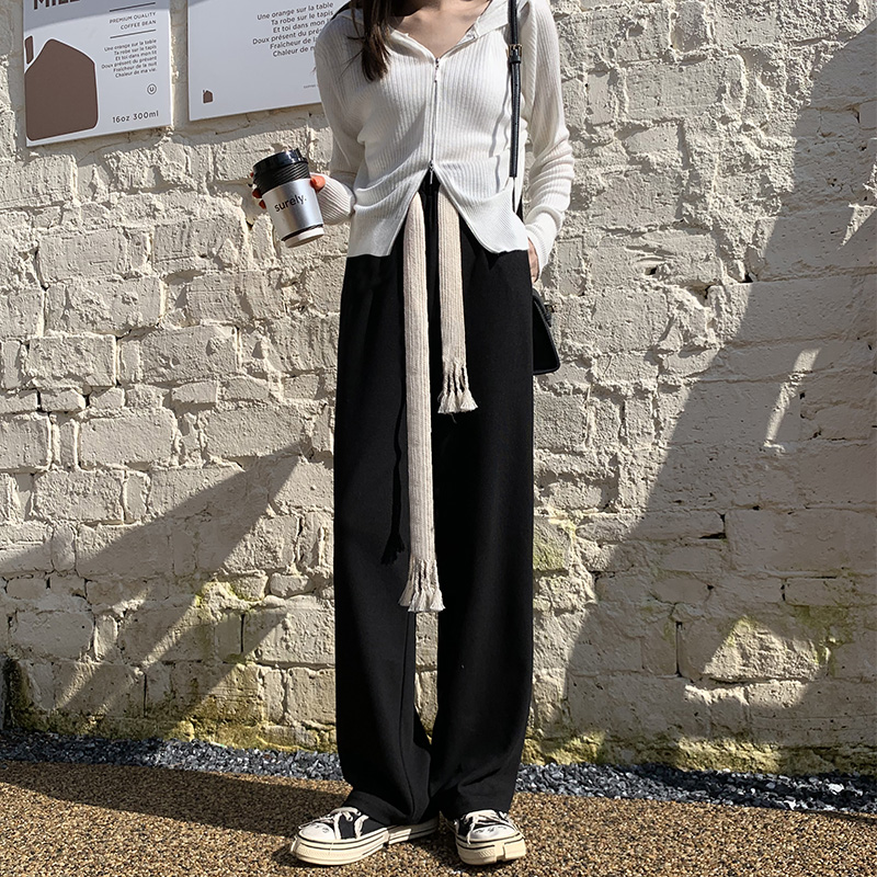 衣梵诗旗舰店抽绳阔腿裤女春秋冬高腰垂感宽松直筒运动裤黑色慵懒遛弯休闲卫裤0