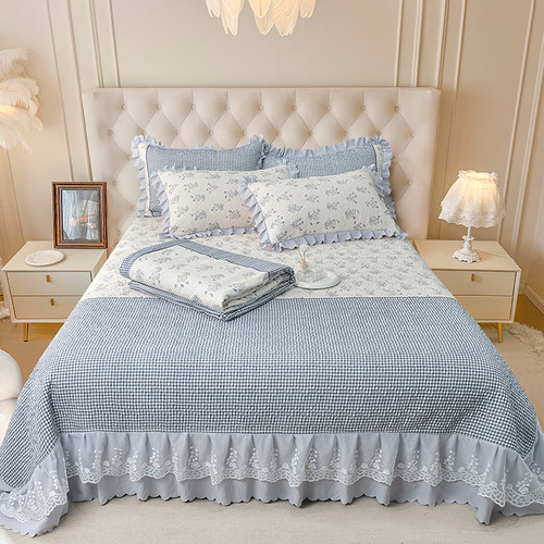 2025新款韩版双层纱蕾丝边夹棉绗缝床盖款四件套单件床裙三件套新 - 图0