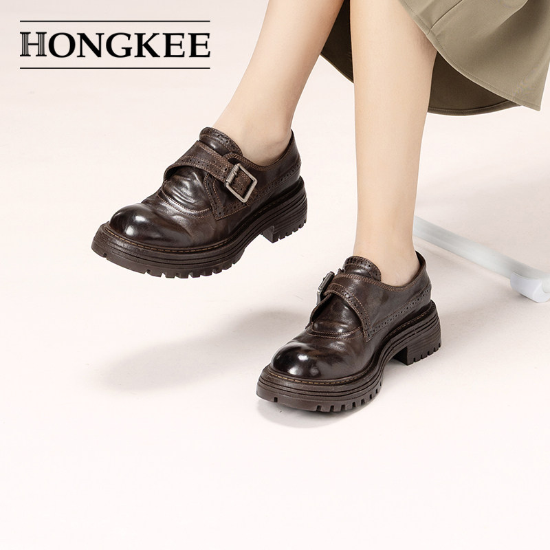 Hongkee/红科2026新款女鞋复古马皮深口单鞋英伦风小皮鞋H596S101,淘宝优惠券,粉丝福利购,淘宝优惠卷