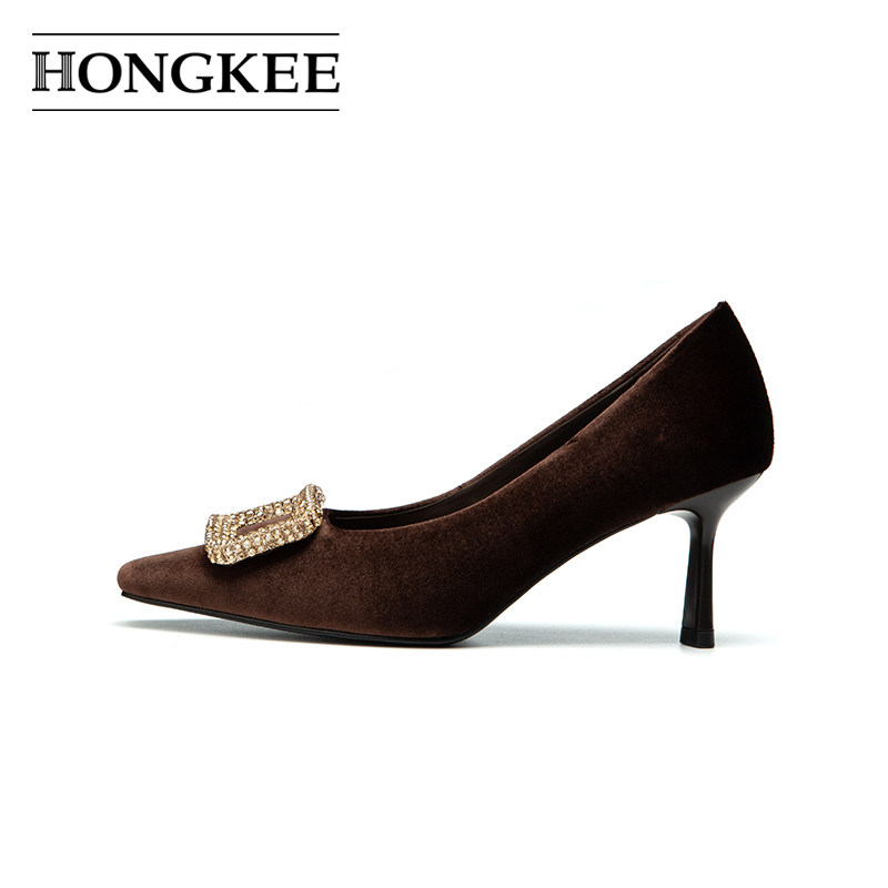 Hongkee/红科高跟鞋女气质细跟方扣丝绒面浅口女单鞋HA85S304,淘宝优惠券,粉丝福利购,淘宝优惠卷