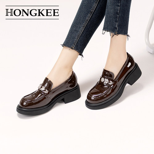 Hongkee/红科乐福鞋2026春季新款牛皮漆皮粗跟通勤女单鞋H816D101 - 图3