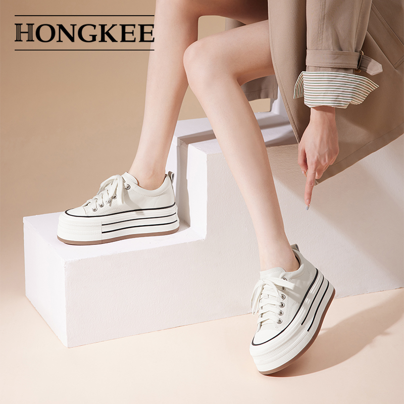 Hongkee/红科2024新款牛皮厚底板鞋圆头增高系带休闲女鞋HC54X100 - 图3