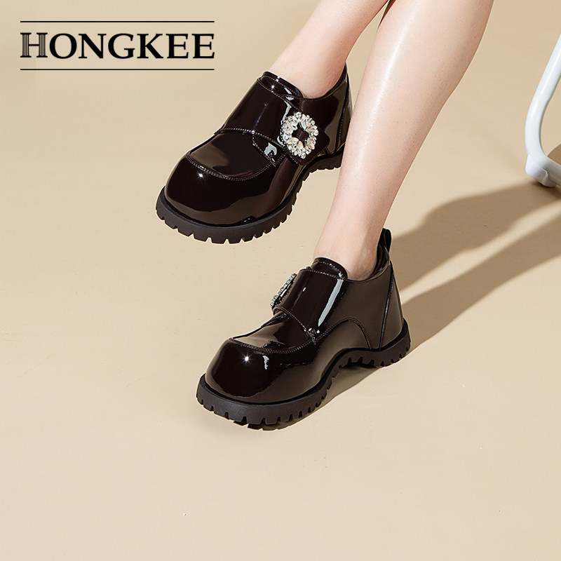 Hongkee/红科单鞋女2025秋季新款圆头厚底亮面内增高女鞋H805D317,淘宝优惠券,粉丝福利购,淘宝优惠卷