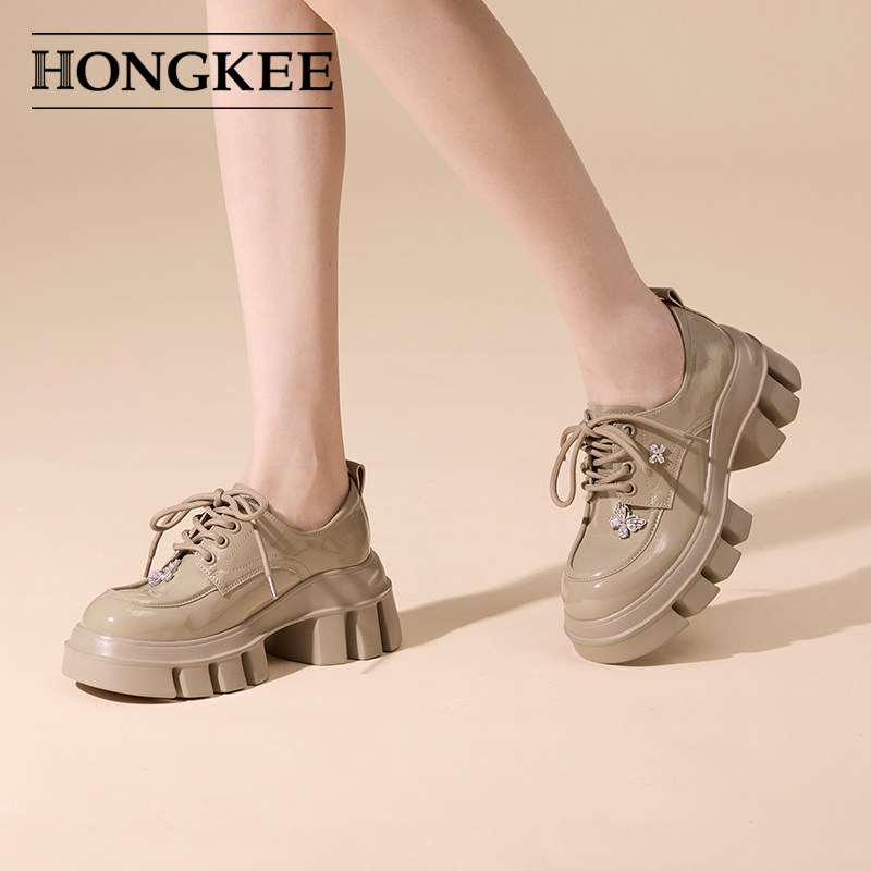 Hongkee/红科单鞋女25春季新款厚底亮面女鞋系带深口鞋HA85M103,淘宝优惠券,粉丝福利购,淘宝优惠卷