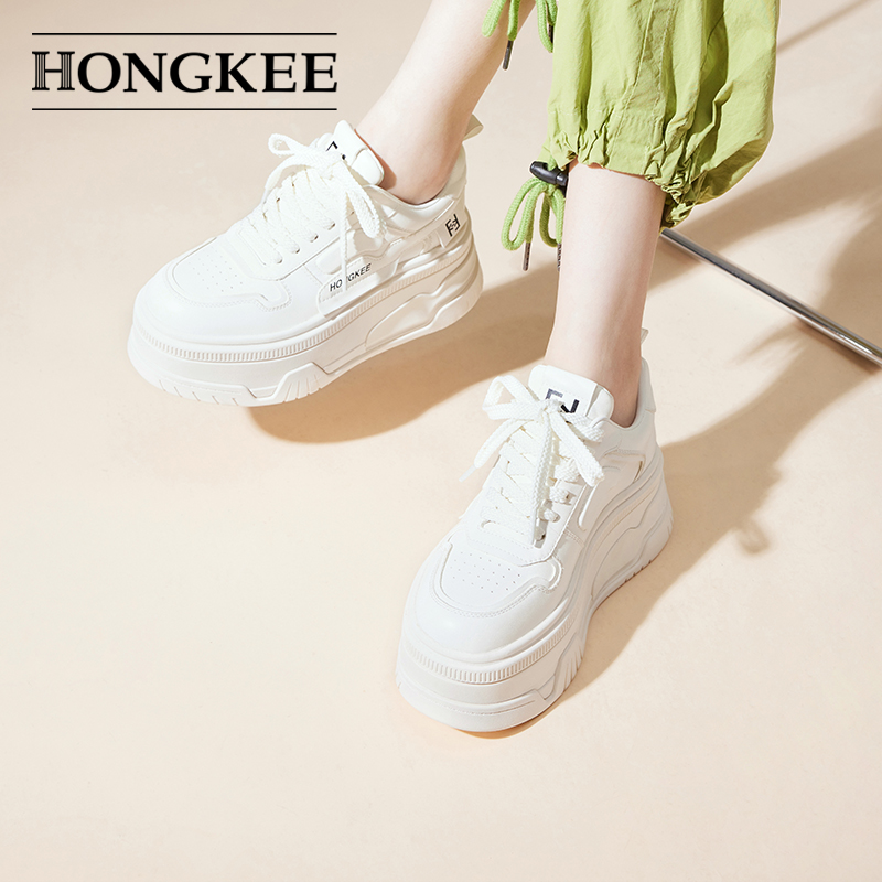 Hongkee/红科板鞋女款2023新款8CM厚底休闲鞋牛皮单鞋HC63X402 - 图3