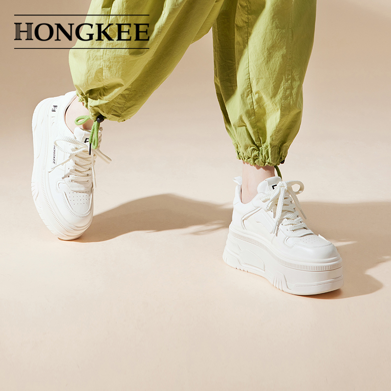 Hongkee/红科板鞋女款2023新款8CM厚底休闲鞋牛皮单鞋HC63X402 - 图2