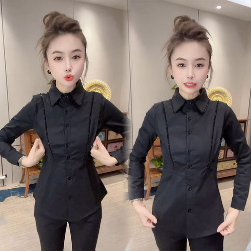 时尚衬衫女2025秋新款气质通勤百搭重工串珠修身显瘦娃娃领打底衫 - 图0