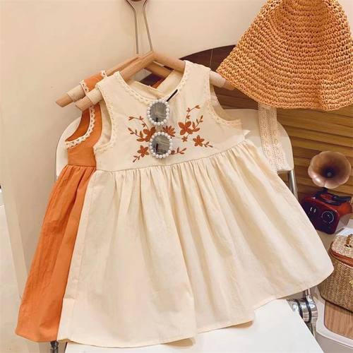 女童花朵刺绣公主裙2025夏季新款儿童蕾丝包边纯棉背心裙宝宝裙子 - 图1