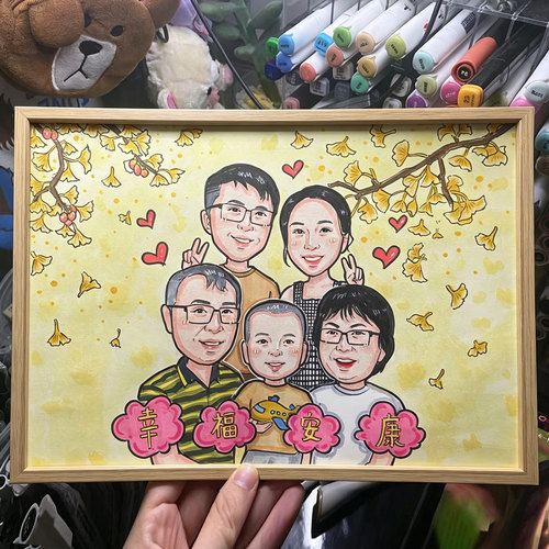 手绘定制全家福肖像画纪念礼物成品实木相框摆台 - 图3
