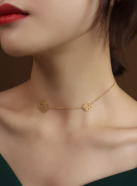 玫瑰花项链钢钛女法式黑色锁骨链