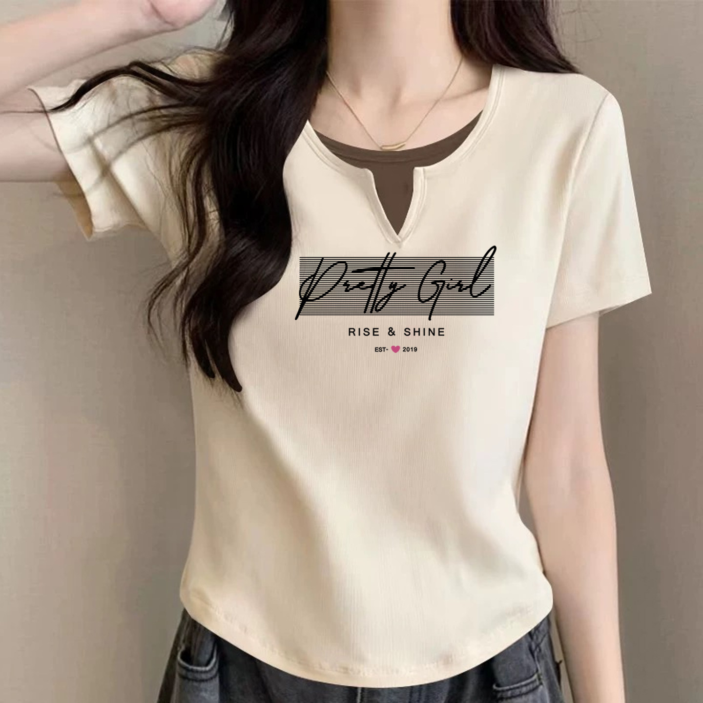 外贸原单女装洋气假两件纯棉短袖t恤女夏季气质减龄正肩显瘦上衣