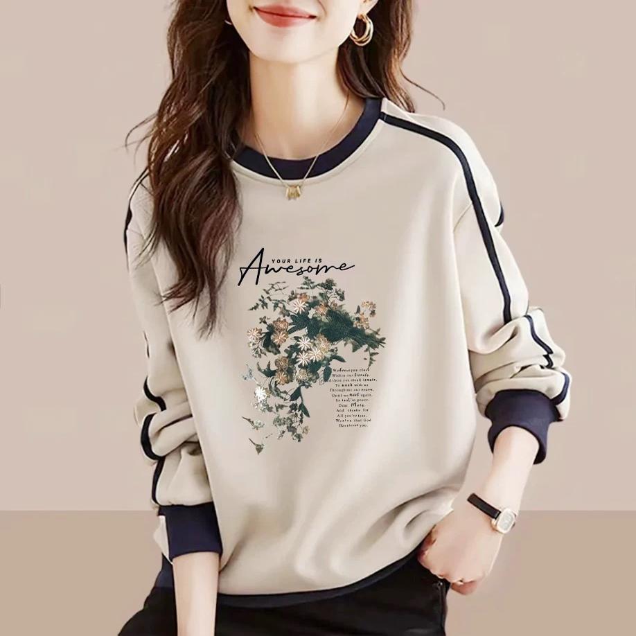 外贸折扣店正品女装纯棉国风卫衣女春秋显瘦文艺拼色长袖T恤上衣 - 图1