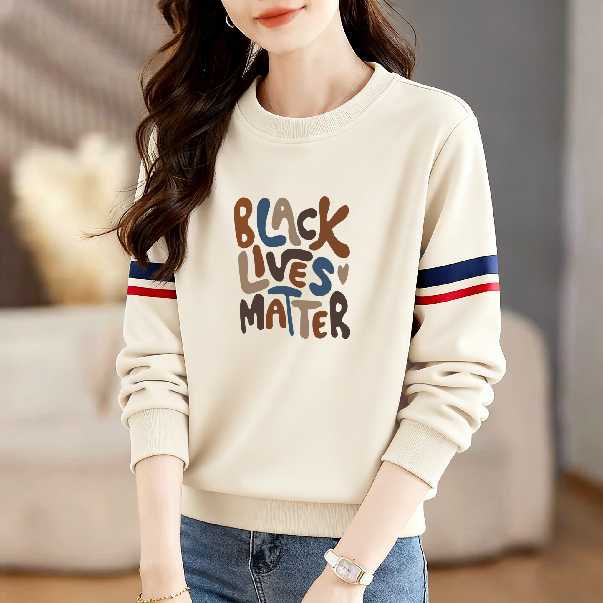 外贸大牌女装纯棉长袖卫衣女春秋百搭显瘦打底衫时尚印花圆领上衣,淘宝优惠券,粉丝福利购,淘宝优惠卷